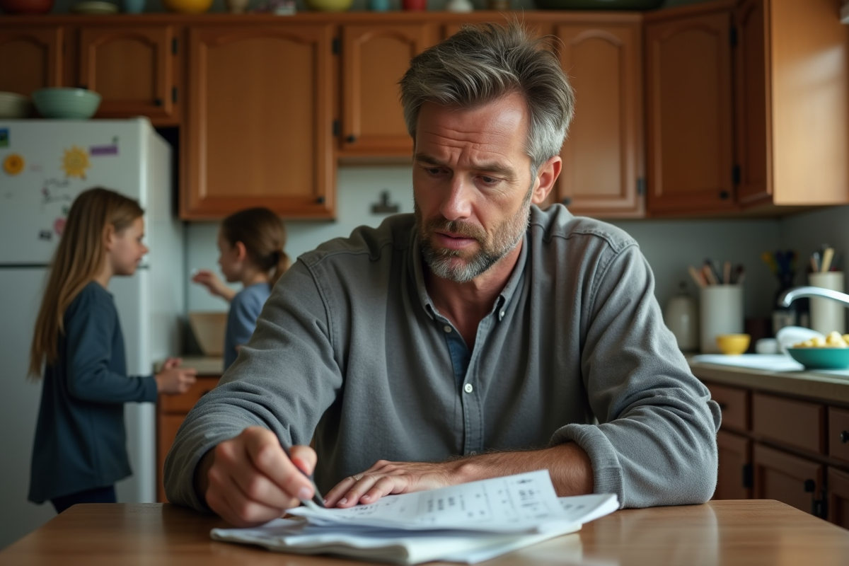 Pere pensif devant des factures dans la cuisine