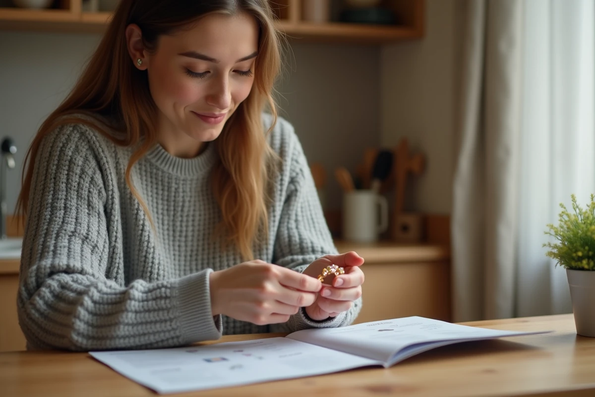 Mère attentive examinant une gourmette dorée pour enfant à une table en bois, avec une notice d'information dépliée, illustrant les bons réflexes lors de l'achat de bijoux sécurisés pour enfants.