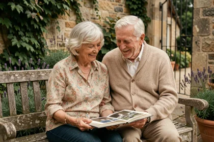 Couple de parents âgés regardant un album photo dans un jardin provincial français, évoquant la mémoire familiale et le passage du temps