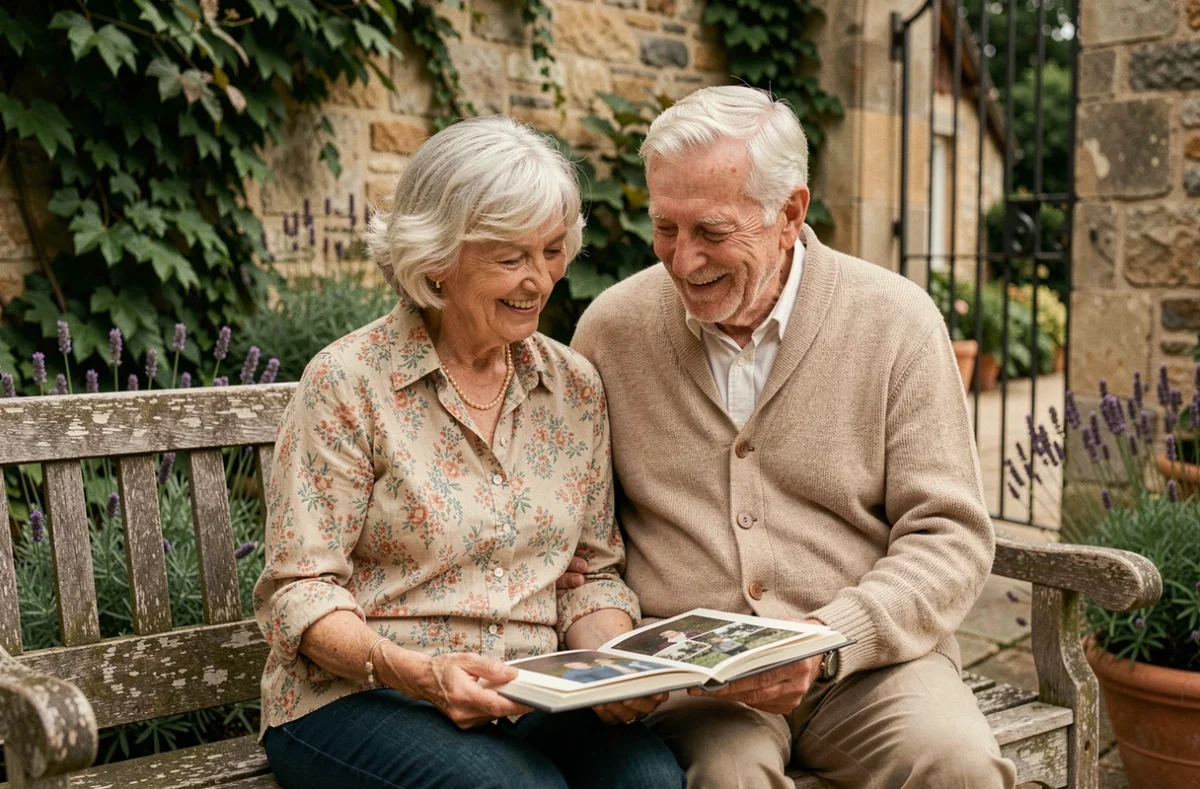 Couple de parents âgés regardant un album photo dans un jardin provincial français, évoquant la mémoire familiale et le passage du temps