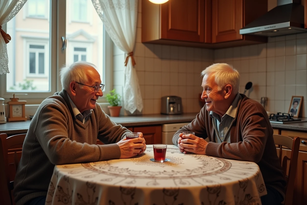 Couple de parents âgés aux origines moyen-orientales et européennes partageant le thé dans une cuisine familiale