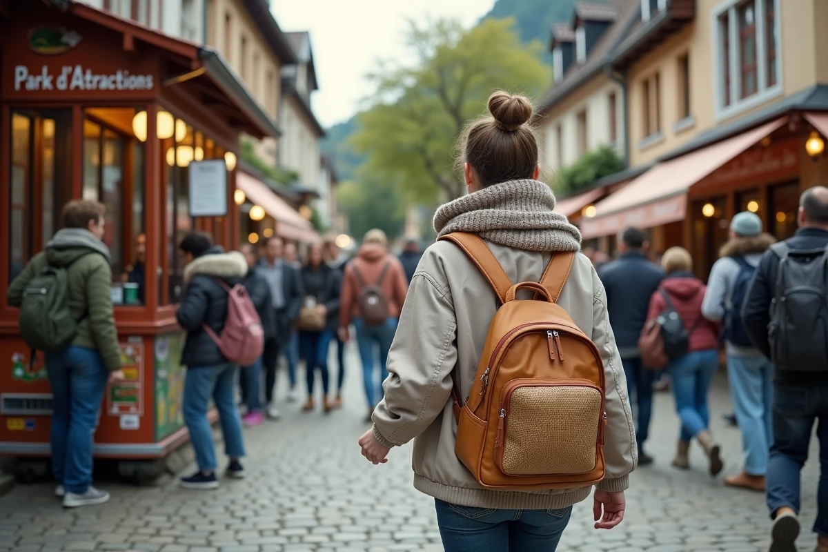 Jeune femme montant dans un bus au parc d’attractions