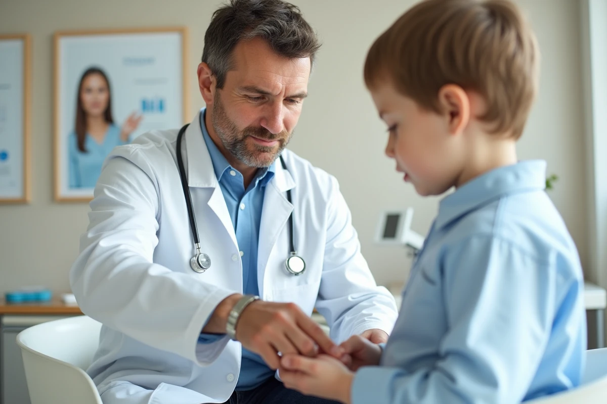 Pédiatre examinant le poignet d'un jeune enfant portant une gourmette en acier inoxydable dans un cabinet médical, illustrant les risques d'allergie et les précautions médicales liées aux bijoux pour enfants.