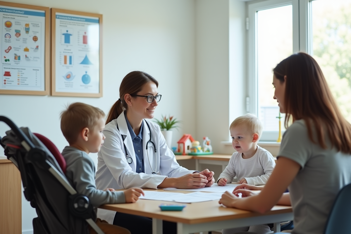 Pédiatre examine un bébé avec ses parents dans un cabinet