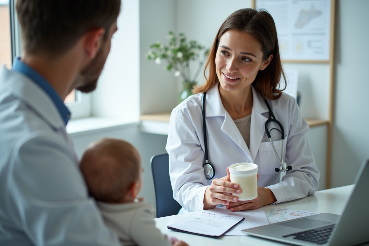 Pediatre expliquant options de lait en poudre à un père