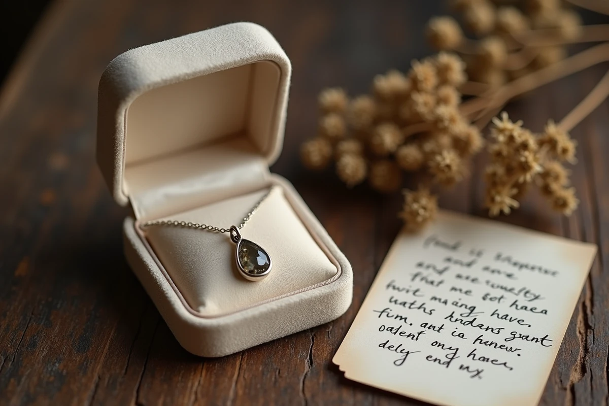Pendentif en argent avec pierre en larme dans un écrin de velours entouré d'une carte manuscrite et de fleurs séchées sur une table en bois rustique