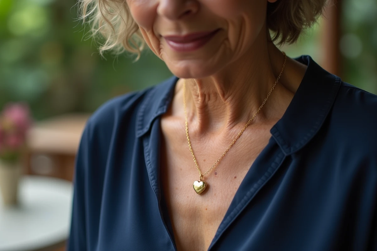 Femme d'une cinquantaine d'années touchant avec émotion un pendentif cœur en or offert par sa fille sur une terrasse verdoyante