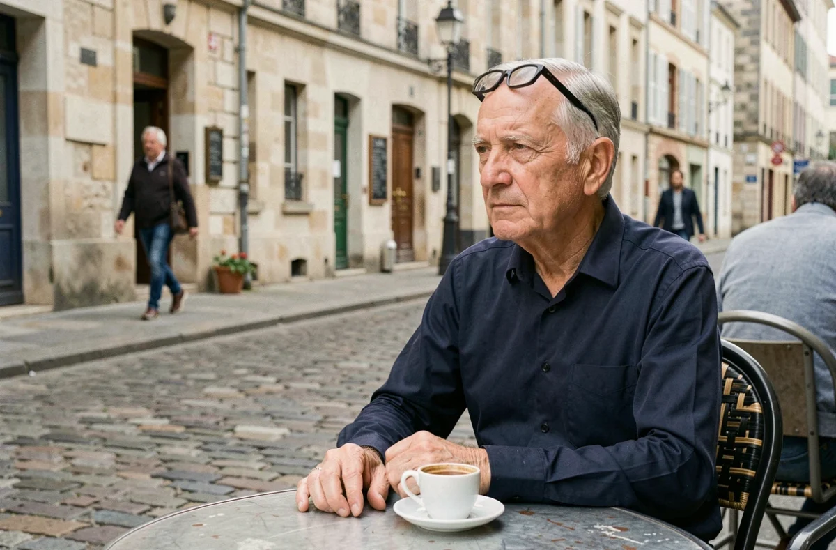 Homme âgé assis seul en terrasse de café dans une ville française, regard pensif et méditatif évoquant la réflexion sur le passé