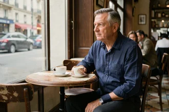 Un homme discret d'âge mûr assis seul dans un café parisien, symbolisant la vie privée face à la célébrité familiale