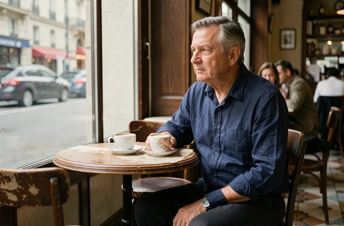 Un homme discret d'âge mûr assis seul dans un café parisien, symbolisant la vie privée face à la célébrité familiale