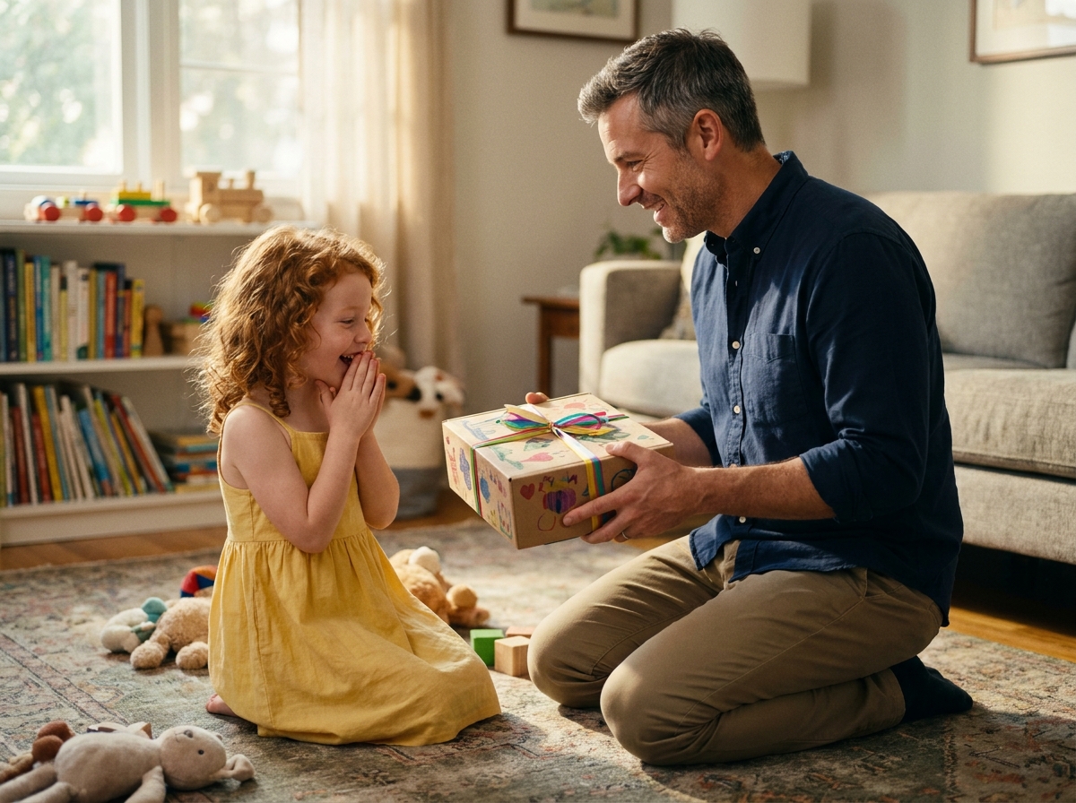 Père et petite fille découvrant ensemble un cadeau personnalisé dans un salon familial chaleureux