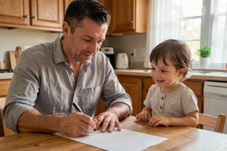 Père et enfant écrivant ensemble un poème acrostiche pour la fête des pères sur une feuille de papier blanc à la table de cuisine