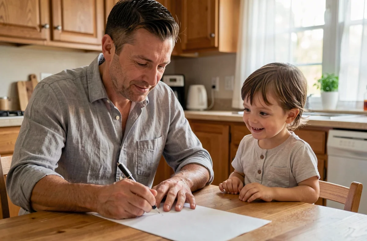 Père et enfant écrivant ensemble un poème acrostiche pour la fête des pères sur une feuille de papier blanc à la table de cuisine