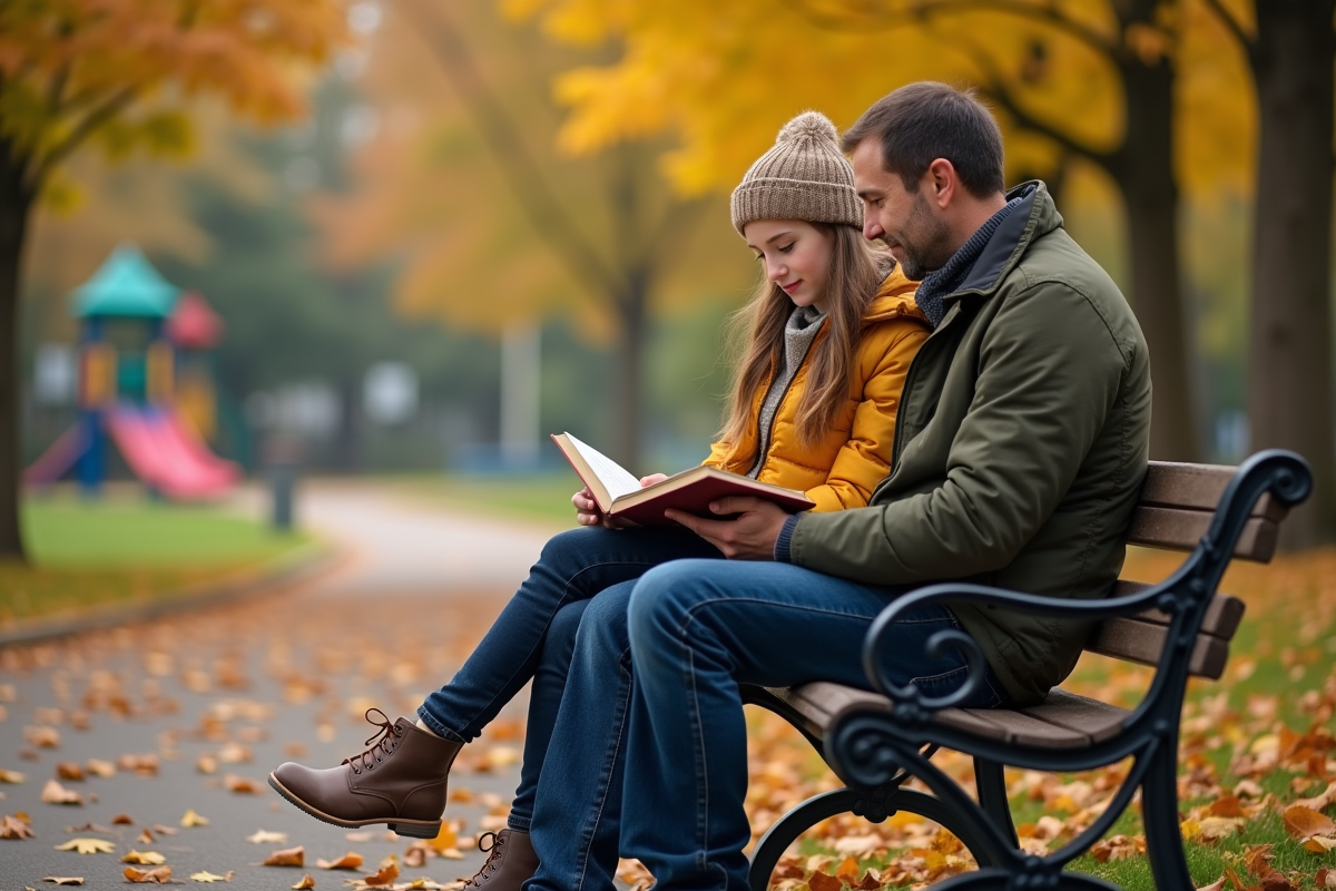 Père et fille en automne lisant dans un parc