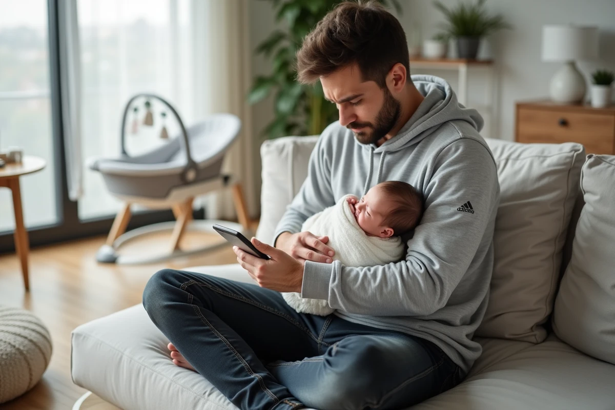 Père indépendant tenant son nouveau-né dans les bras à la maison tout en consultant son smartphone pour ses démarches de congé paternité