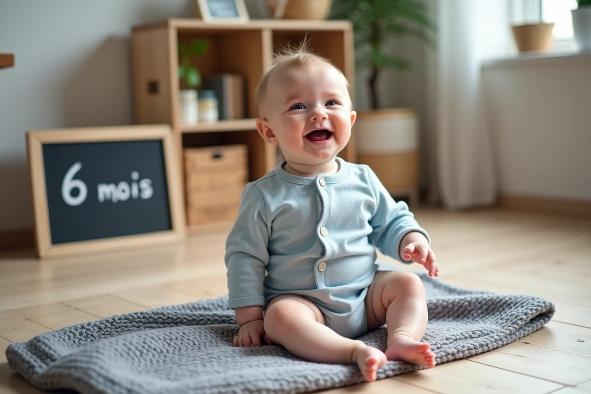 Bébé de six mois souriant assis sur un plaid gris en tricot avec une ardoise indiquant 6 mois, photographié à hauteur du sol dans un intérieur scandinave en bois clair
