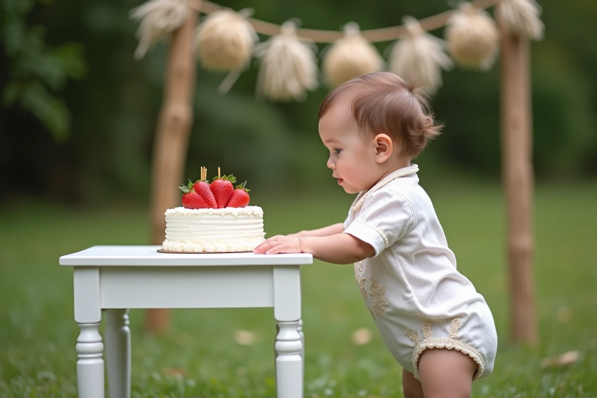 Bébé d'un an en tenue de lin blanc debout devant un gâteau smash cake aux fraises dans un jardin décoré de guirlandes de fleurs séchées pour son premier anniversaire fait maison
