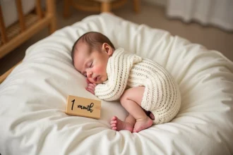Photo bébé d'un mois endormi sur un fond en lin blanc avec une pancarte en bois indiquant le premier mois, prise en vue du dessus dans une ambiance cosy de nurserie