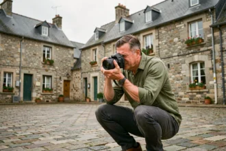 Photographe professionnel en pleine séance photo sur une place pavée de Bain-de-Bretagne avec des bâtiments en pierre traditionnels