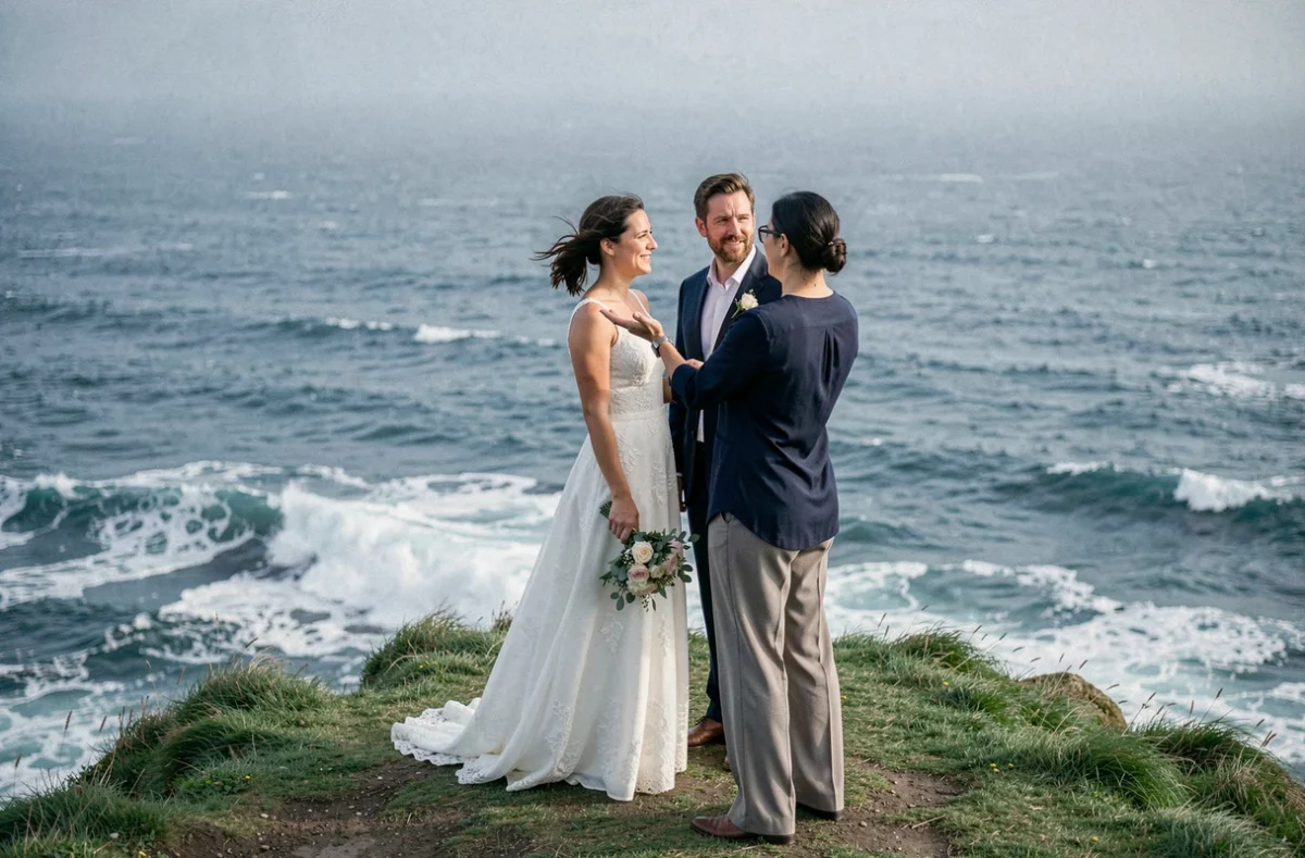 Photographe de mariage dirigeant un couple sur les falaises basques face à l'océan Atlantique près de Biarritz
