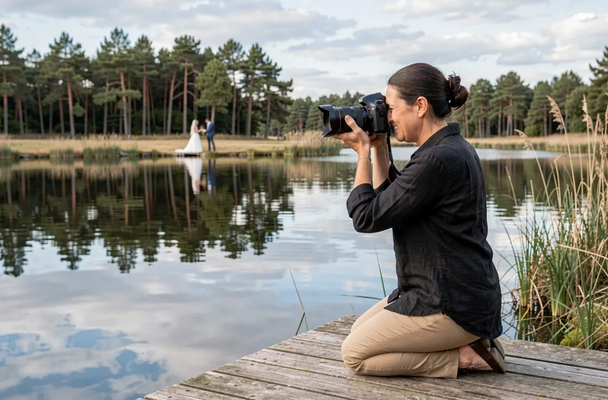 Photographe de mariage professionnelle en action au bord d'un étang dans les Landes