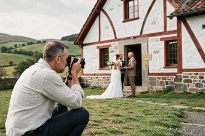 Photographe de mariage professionnel en action devant une église basque traditionnelle lors d'une cérémonie en plein air
