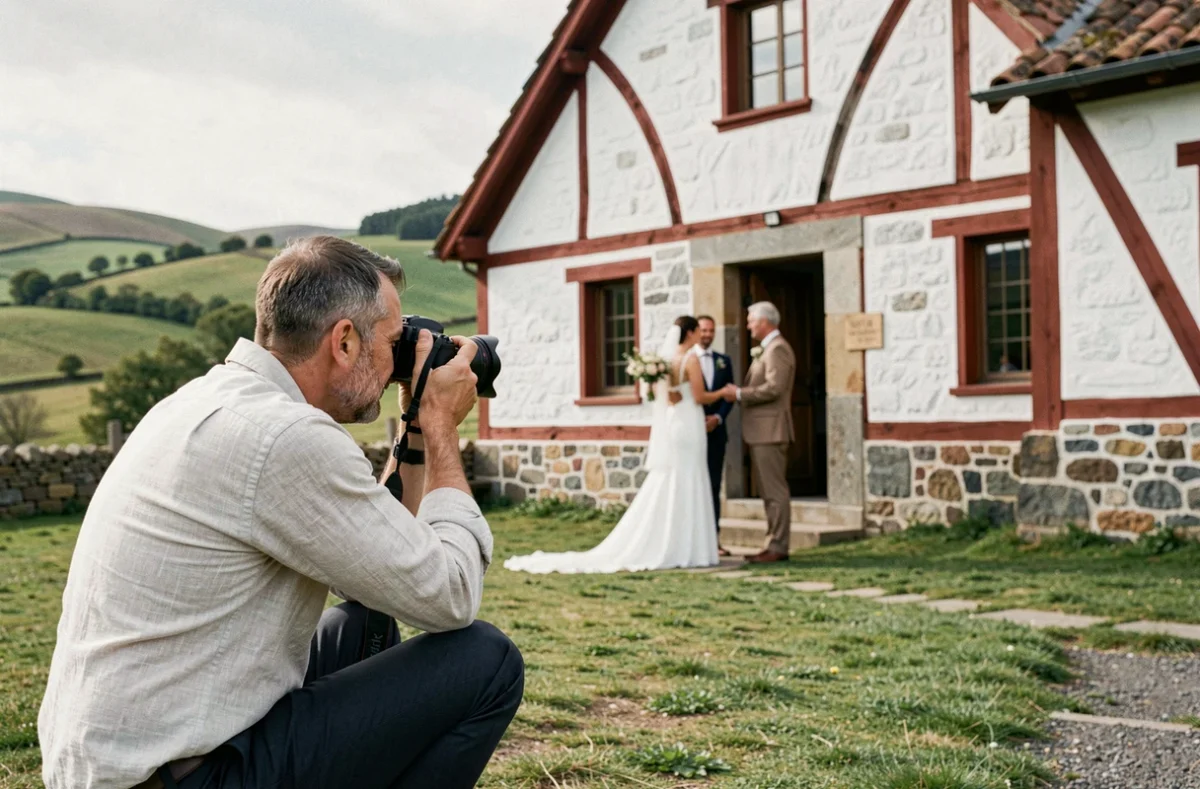 Photographe de mariage professionnel en action devant une église basque traditionnelle lors d'une cérémonie en plein air