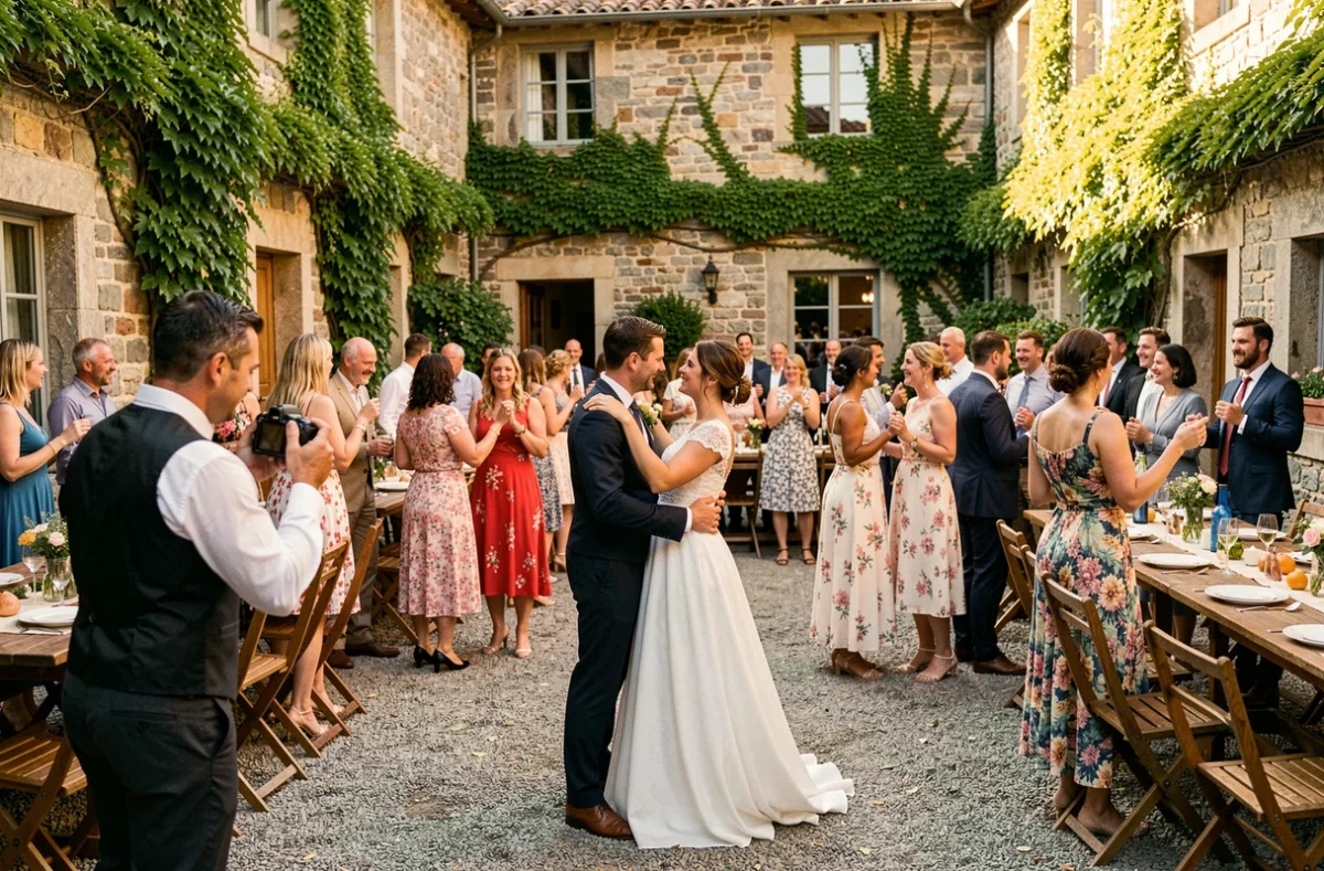 Photographe de mariage capturant des moments candides lors d'une réception en plein air dans un domaine basque