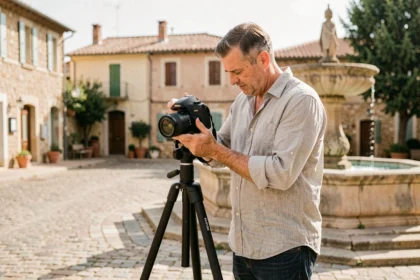 Photographe professionnel réglant son appareil photo sur trépied dans une place provençale de Draguignan