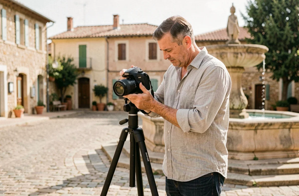 Photographe professionnel réglant son appareil photo sur trépied dans une place provençale de Draguignan