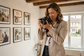 Photographe professionnelle à Eaubonne révisant ses clichés dans un studio moderne