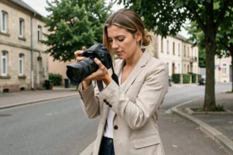 Photographe professionnelle ajustant son appareil photo en extérieur dans une rue de Houilles