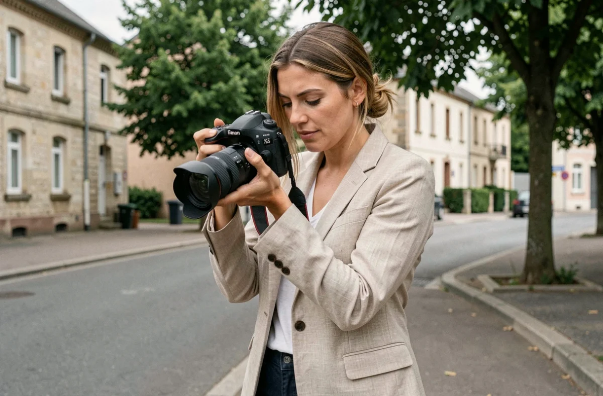 Photographe professionnelle ajustant son appareil photo en extérieur dans une rue de Houilles