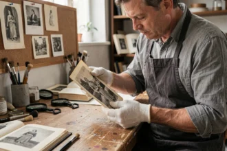 Photographe expérimenté tenant avec soin une vieille photographie jaunie dans un atelier de restauration professionnelle
