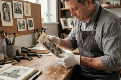 Photographe expérimenté tenant avec soin une vieille photographie jaunie dans un atelier de restauration professionnelle