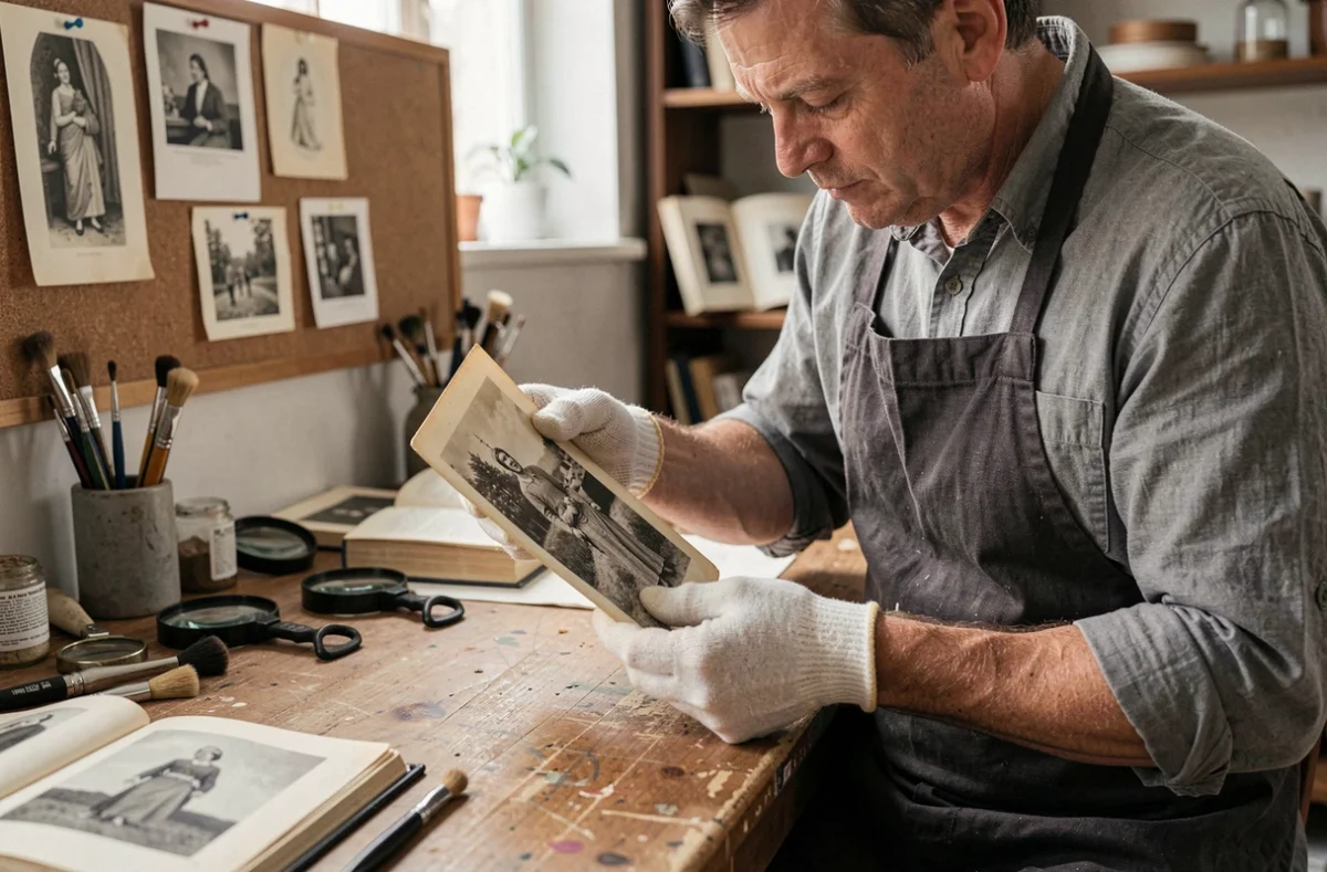 Photographe expérimenté tenant avec soin une vieille photographie jaunie dans un atelier de restauration professionnelle