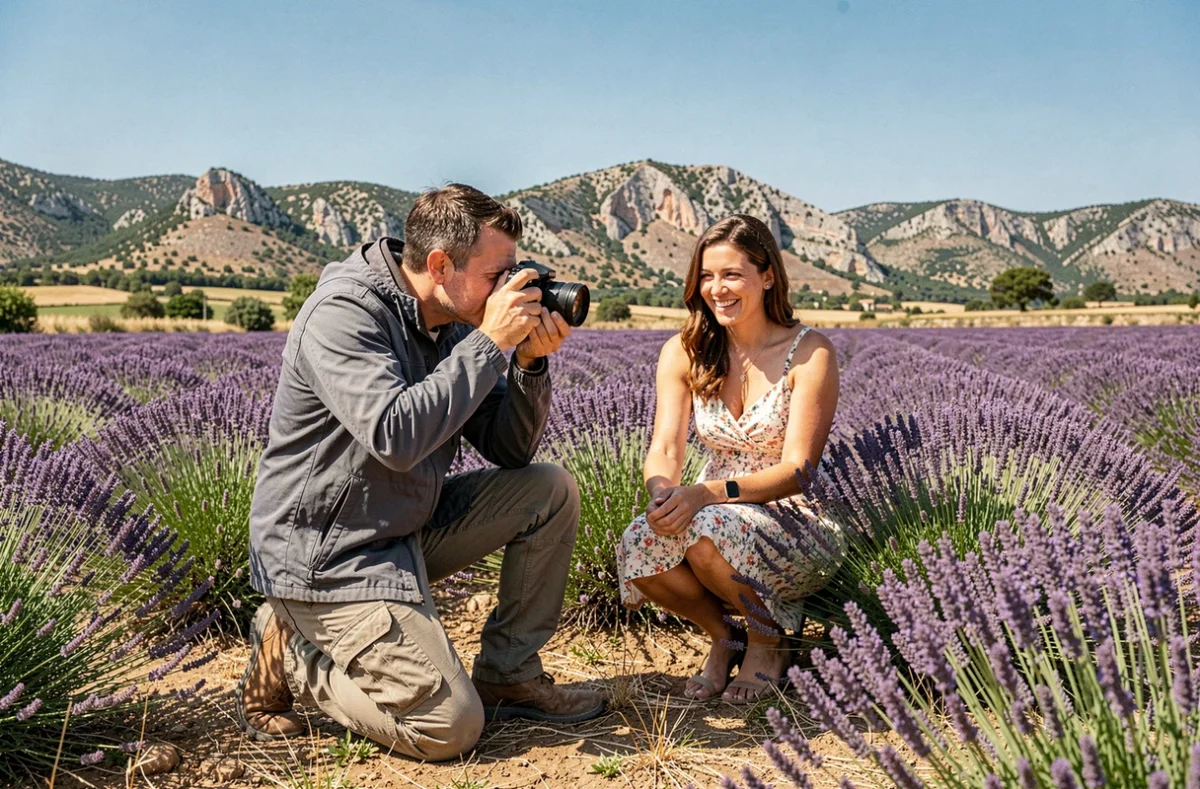 Photographe en train de prendre des photos dans un champ de lavande près de Draguignan