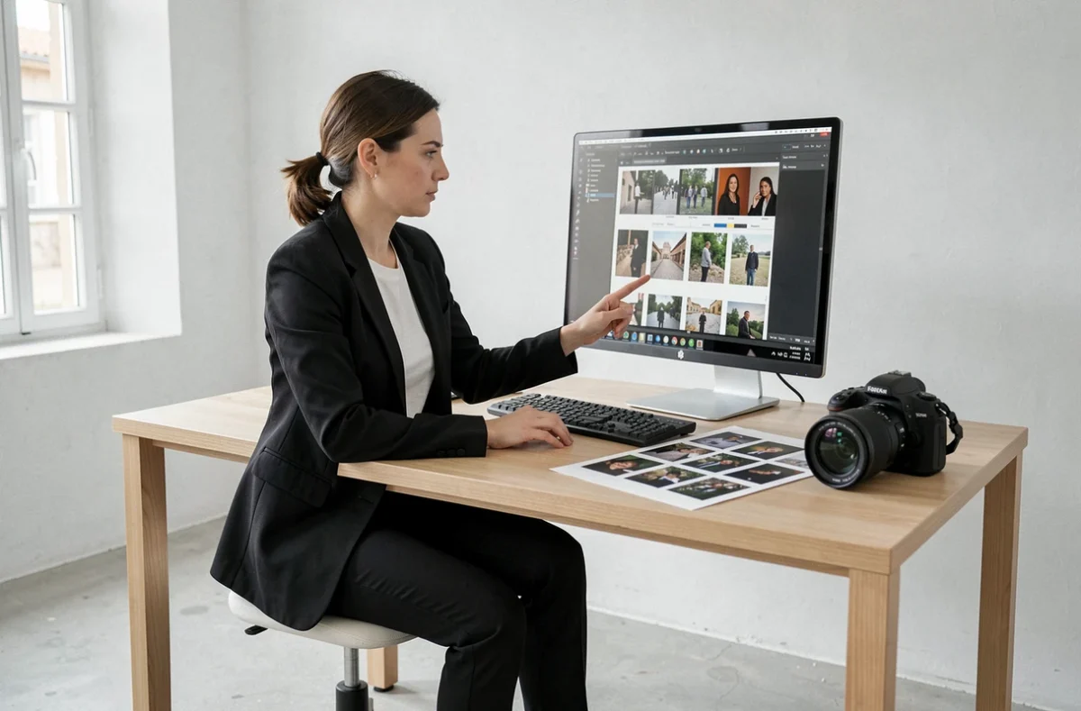 Photographe sélectionnant des photos sur ordinateur dans son studio professionnel à Draguignan