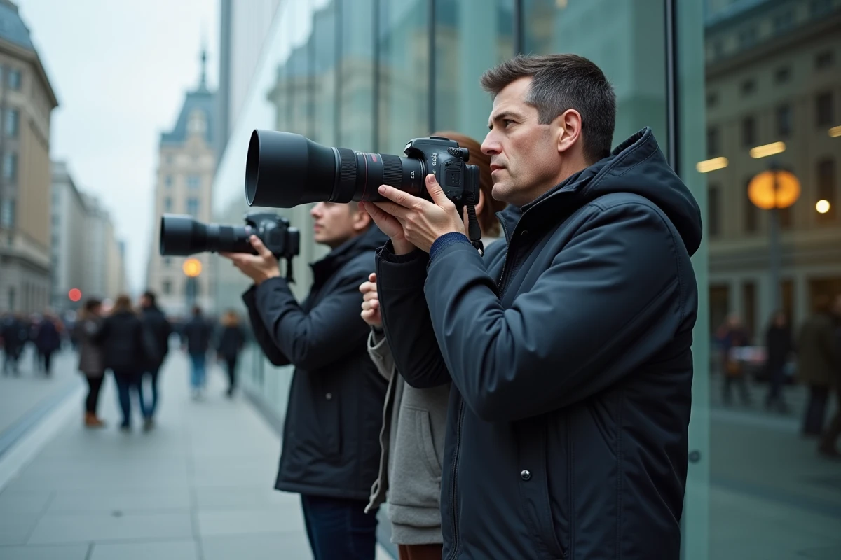 Photographes de presse alignés sur un trottoir urbain avec des téléobjectifs, illustrant le débat sur la couverture médiatique des célébrités et de leurs enfants