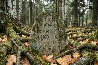Pierre runique nordique gravée de runes Vikings dans une forêt scandinave avec symboles d'unité familiale