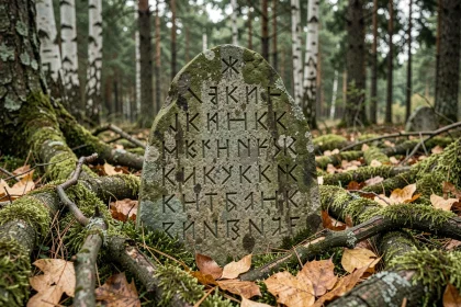 Pierre runique nordique gravée de runes Vikings dans une forêt scandinave avec symboles d'unité familiale