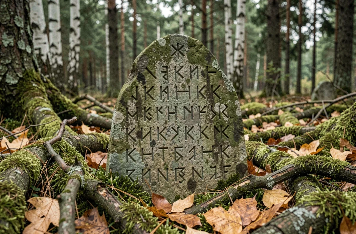Pierre runique nordique gravée de runes Vikings dans une forêt scandinave avec symboles d'unité familiale