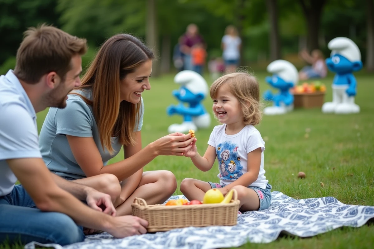 Famille profitant d un pique-nique dans un parc schtroumpf