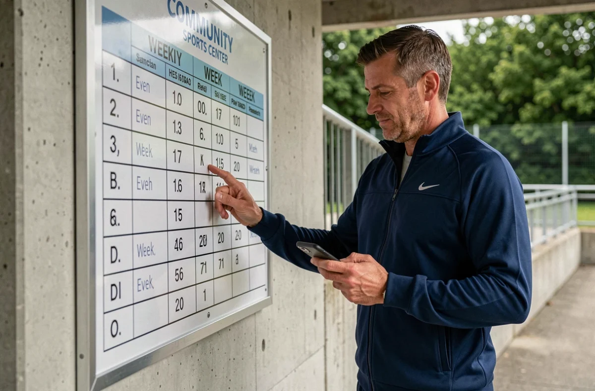 Homme consultant un planning de semaines paires et impaires au complexe sportif pour organiser ses entraînements 2026