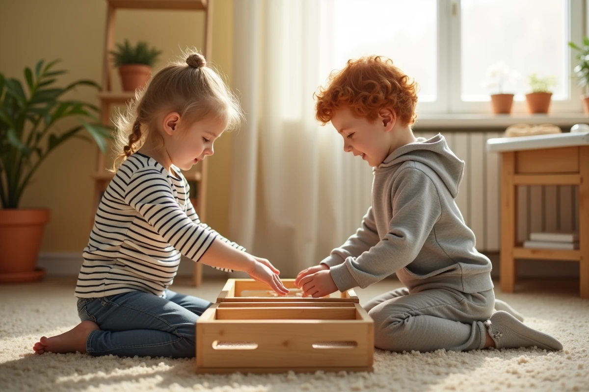 Deux enfants de 4 ans explorant des plateaux sensoriels de sable sur une étagère Montessori faite maison à partir de caisses en bois recyclées