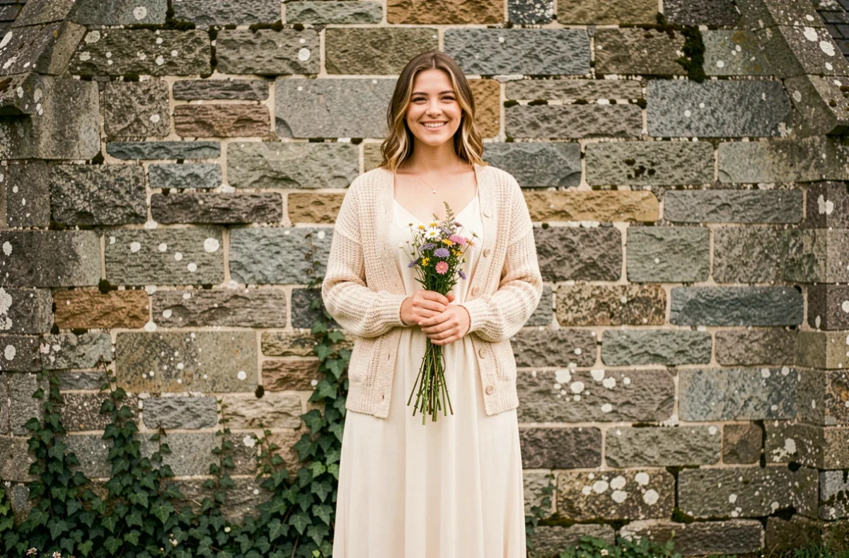 Portrait d'une jeune femme en robe crème devant un mur en pierre d'une église bretonne à Bain-de-Bretagne