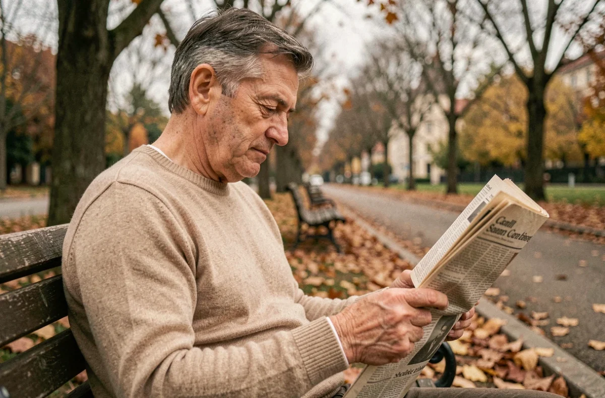 Portrait d'un père discret lisant un journal sur un banc dans un parc parisien en automne, loin des projecteurs de la célébrité