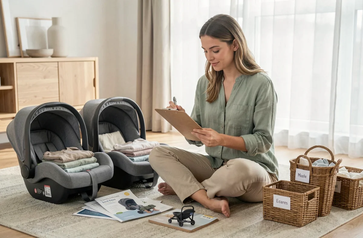 Jeune mère assise sur un tapis en train de préparer sa liste de naissance pour des jumeaux, entourée d'accessoires bébé organisés dans un salon moderne et épuré.
