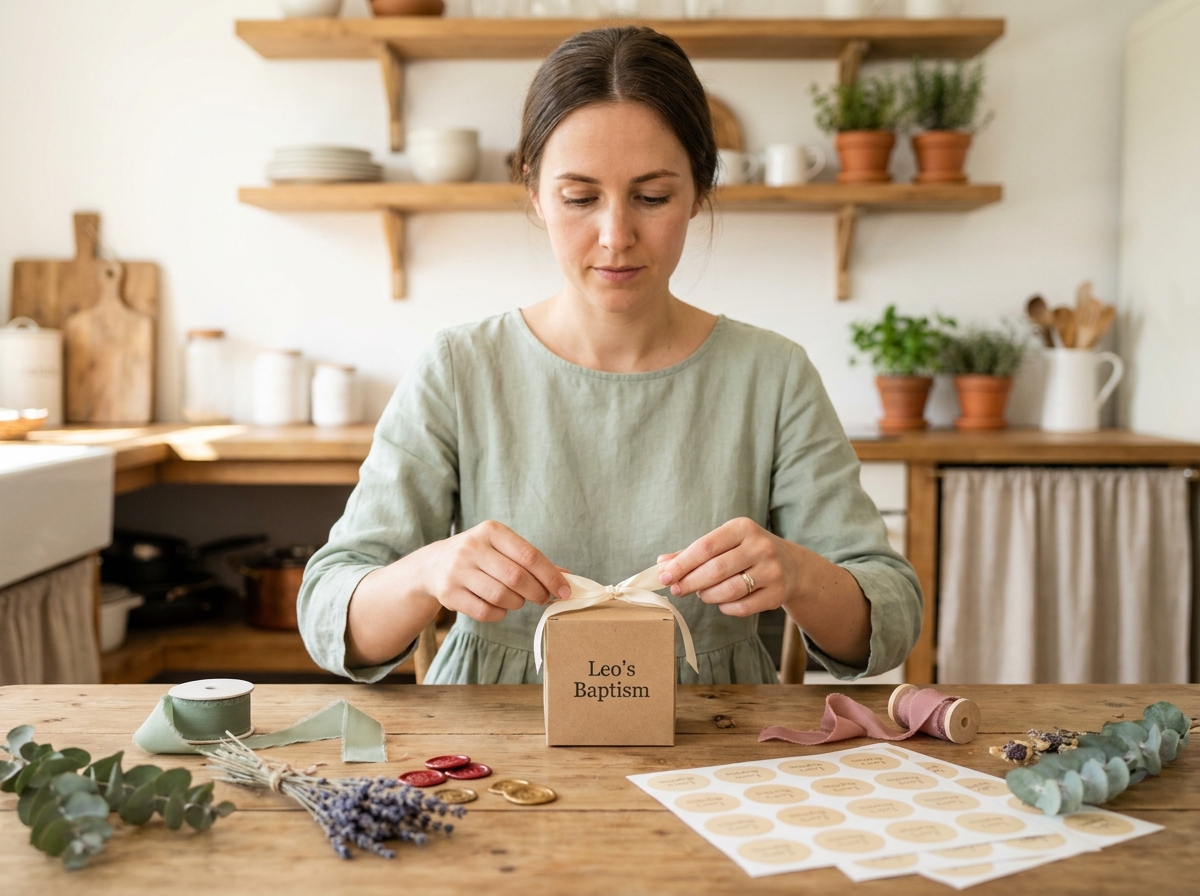 Femme préparant des souvenirs de baptême personnalisés sur une table en bois rustique