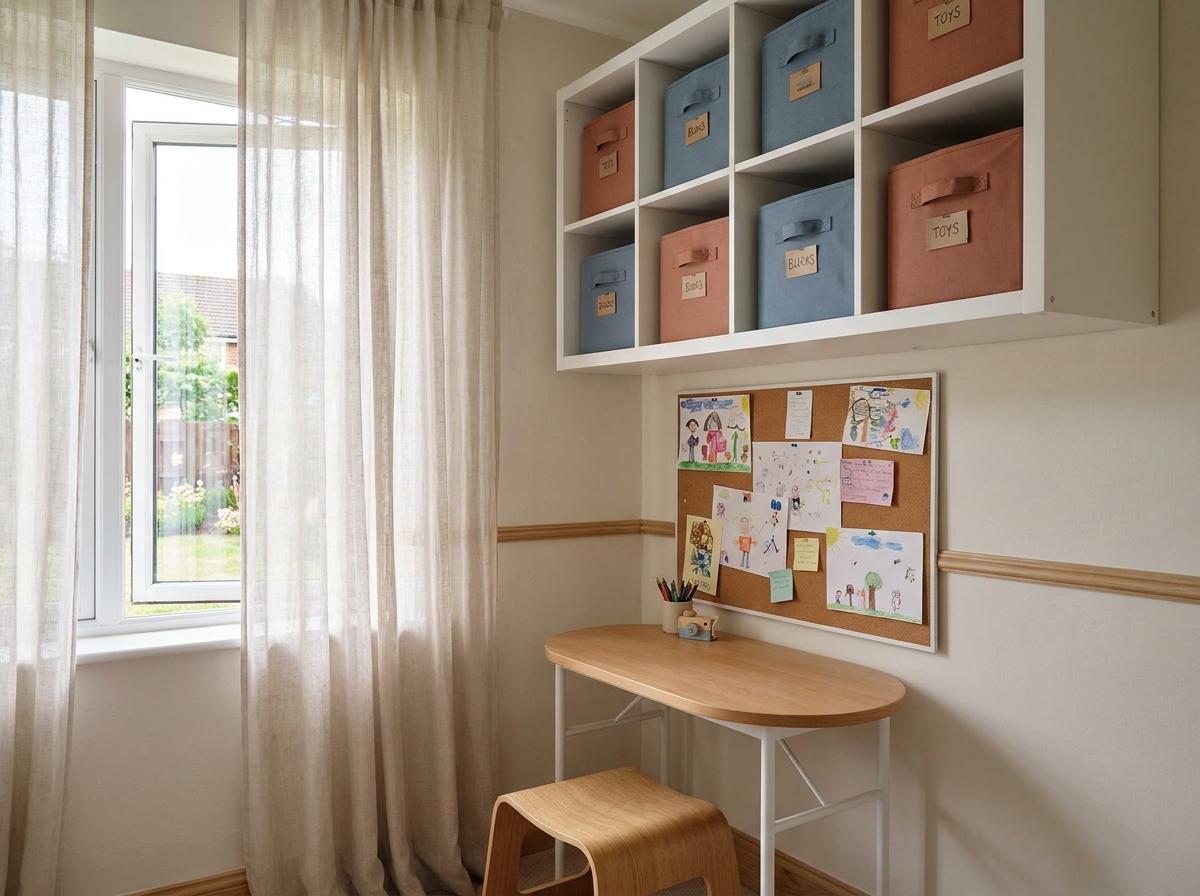 Coin bureau et rangements organisés dans une chambre d'enfant avec casiers muraux, bacs en tissu et tableau liège